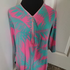 Belle Kim Gravel Blouse Women's 1/4 Zip Cruise Palm Tree Vacation Top Size M